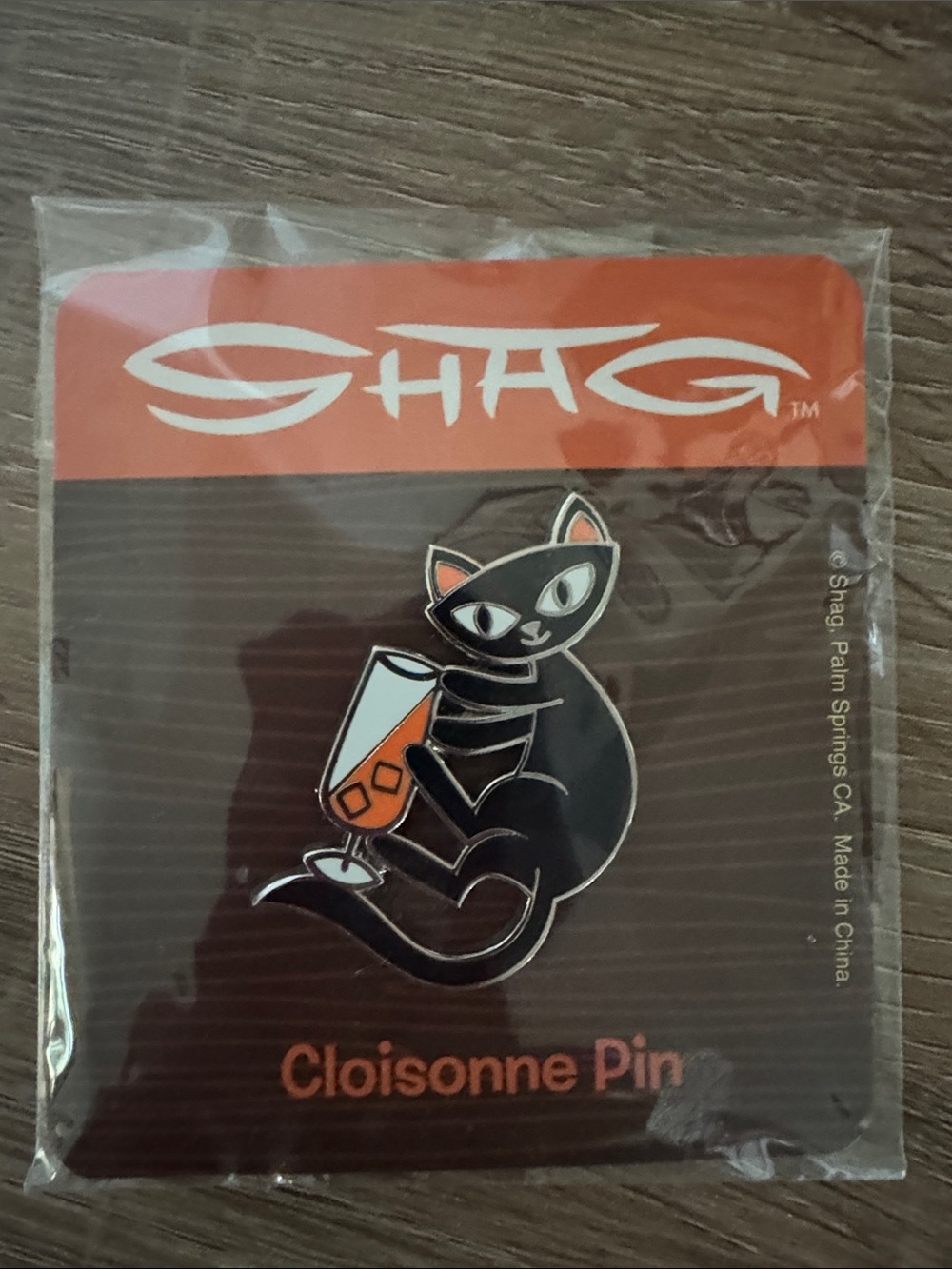 Shag Black Cat Cloisonne Pin - Black & Orange cocktails brooch Palm Springs mod